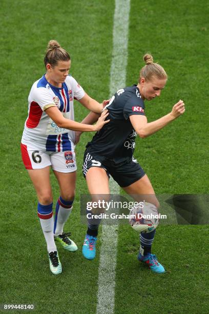 Natasha Dowie of the Victory controls the ball during the round nine W-League match between the Melbourne Victory and the Newcastle Jets at AAMI Park...