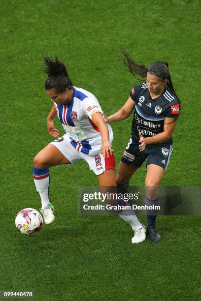 Katie Stengel of the Jets controls the ball during the round nine W-League match between the Melbourne Victory and the Newcastle Jets at AAMI Park on...