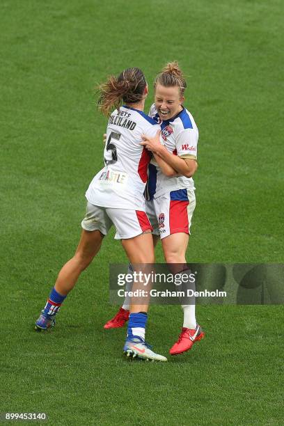 Hannah Brewer of the Jets celebrates her goal during the round nine W-League match between the Melbourne Victory and the Newcastle Jets at AAMI Park...