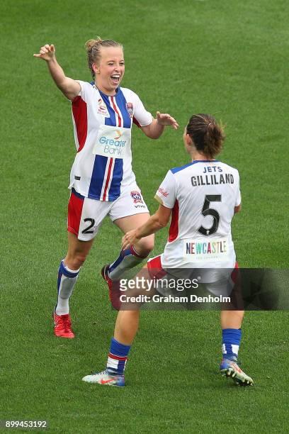 Hannah Brewer of the Jets celebrates her goal during the round nine W-League match between the Melbourne Victory and the Newcastle Jets at AAMI Park...