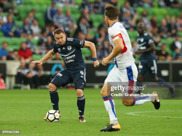 Besart Berisha of the Victory passes during the round 13 A-League match between the Melbourne Victory and the Newcastle Jets at AAMI Park on December...