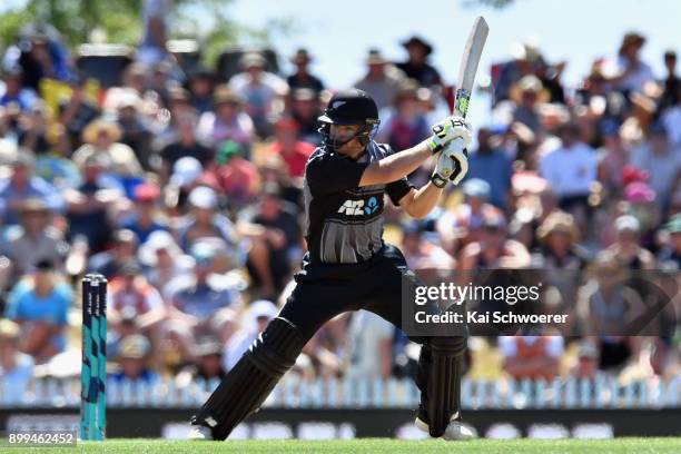 Glenn Phillips of New Zealand bats during game one of the Twenty20 series between New Zealand and the West Indies at Saxton Field on December 29,...