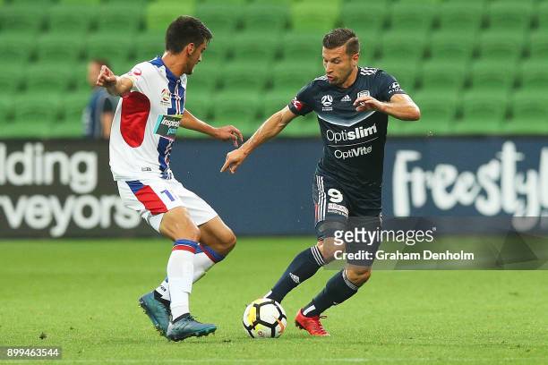 Kosta Barbarouses of the Victory in action during the round 13 A-League match between the Melbourne Victory and the Newcastle Jets at AAMI Park on...