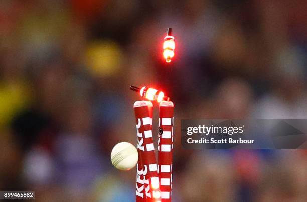 Detail of the stumps as Tim Ludeman of the Renegades is bowled out as he tries to play a ramp shot during the Big Bash League match between the...