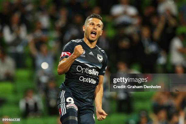 Kosta Barbarouses of the Victory celebrates his goal during the round 13 A-League match between the Melbourne Victory and the Newcastle Jets at AAMI...