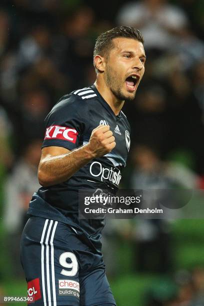 Kosta Barbarouses of the Victory celebrates his goal during the round 13 A-League match between the Melbourne Victory and the Newcastle Jets at AAMI...