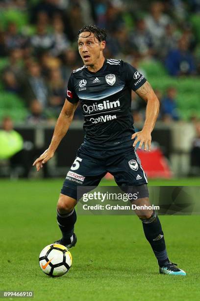 Mark Milligan of the Victory in action during the round 13 A-League match between the Melbourne Victory and the Newcastle Jets at AAMI Park on...