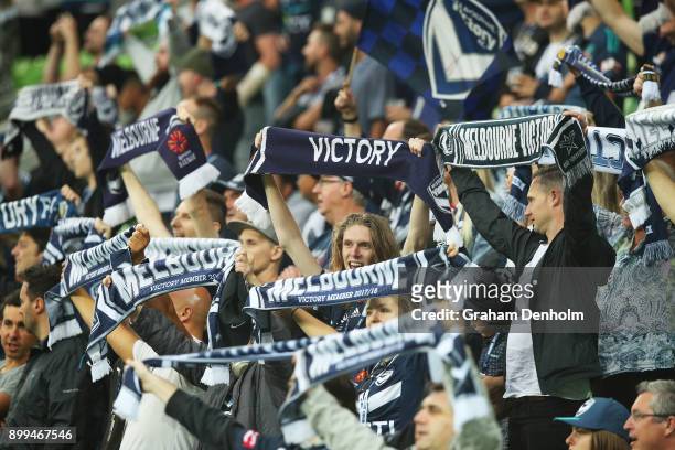Melbourne Victory fans show their support during the round 13 A-League match between the Melbourne Victory and the Newcastle Jets at AAMI Park on...
