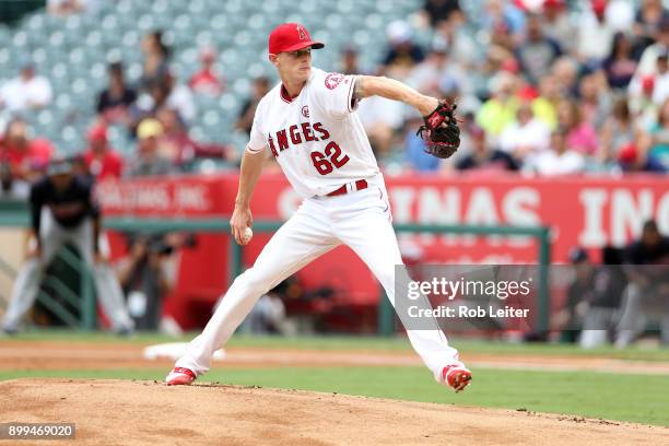 Parker Bridwell of the Los Angeles Angels of Anaheim pitches during the game against the Cleveland Indians at Angel Stadium on September 21, 2017 in...