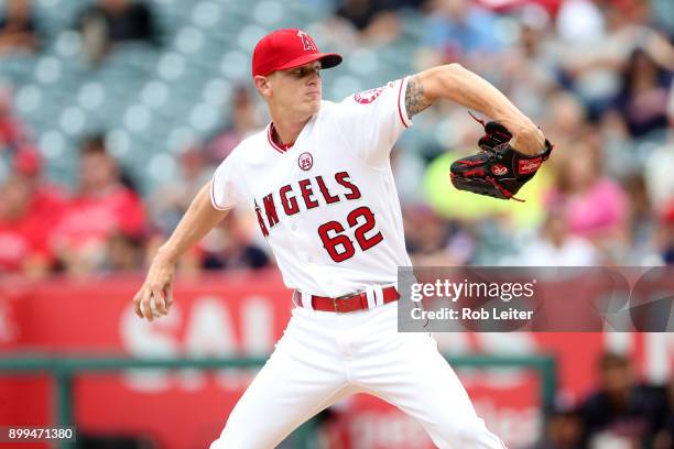 Parker Bridwell of the Los Angeles Angels of Anaheim pitches during the game against the Cleveland Indians at Angel Stadium on September 21, 2017 in...