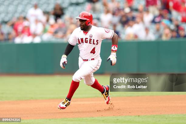 Brandon Phillips of the Los Angeles Angels of Anaheim runs during the game against the Cleveland Indians at Angel Stadium on September 21, 2017 in...