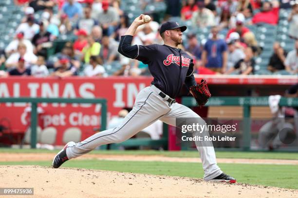Zach McAllister of the Cleveland Indians pitches during the game against the Los Angeles Angels of Anaheim at Angel Stadium on September 21, 2017 in...
