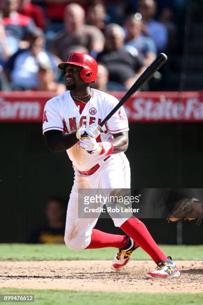 Brandon Phillips of the Los Angeles Angels of Anaheim bats during the game against the Cleveland Indians at Angel Stadium on September 21, 2017 in...