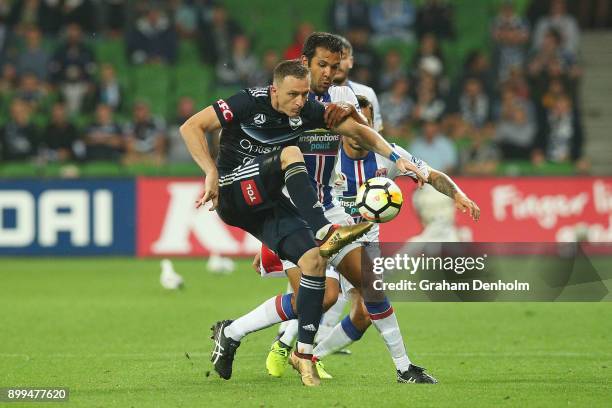 Besart Berisha of the Victory in action during the round 13 A-League match between the Melbourne Victory and the Newcastle Jets at AAMI Park on...