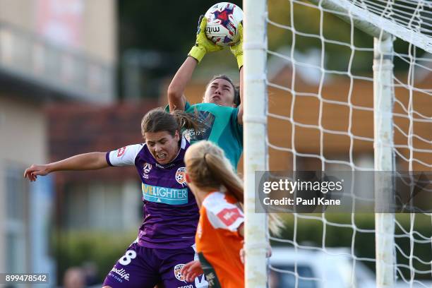 Mackenzie Arnold of the Roar saves a shot on goal during the round nine W-League match between the Perth Glory and Brisbane Roar at Dorrien Gardens...