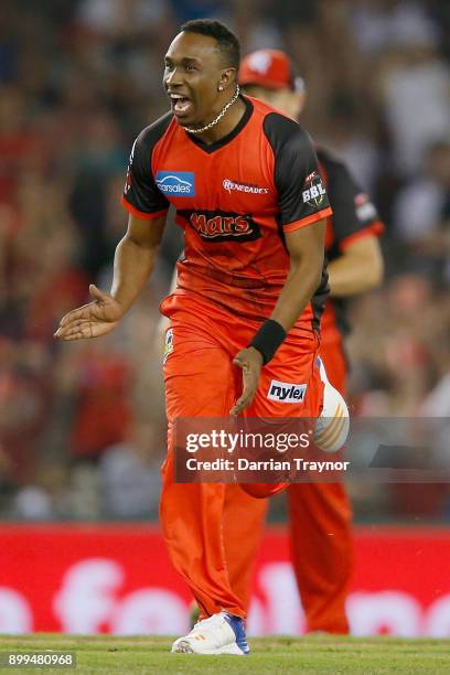 Dwayne Bravo of the Melbourne Renegades celebrates a wicket during the Big Bash League match between the Melbourne Renegades and the Perth Scorchers...