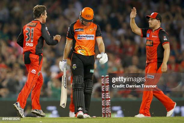 Brad Hogg of the Melbourne Renegades celebrates the wicket of David Willey of the Perth Scorchers during the Big Bash League match between the...