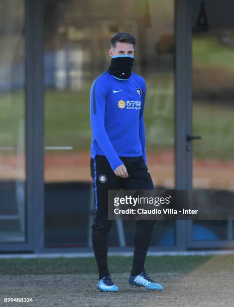 Andrea Pinamonti of FC Internazionale looks on during the FC Internazionale training session at Suning Training Center at Appiano Gentile on December...