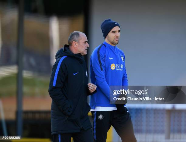 Assistant coach Giovanni Martusciello and Matias Vecino of FC Internazionale chat during the FC Internazionale training session at Suning Training...