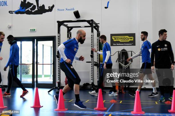 Borja Valero of FC Internazionale in action during the FC Internazionale training session at Suning Training Center at Appiano Gentile on December...
