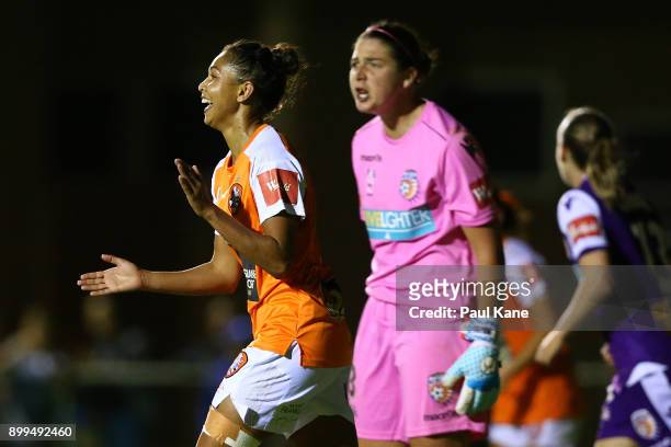 Allira Toby of the Roar celebrates a goal during the round nine W-League match between the Perth Glory and Brisbane Roar at Dorrien Gardens on...
