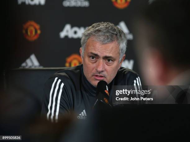 Manager Jose Mourinho of Manchester United speaks during a press conference at Aon Training Complex on December 29, 2017 in Manchester, England.