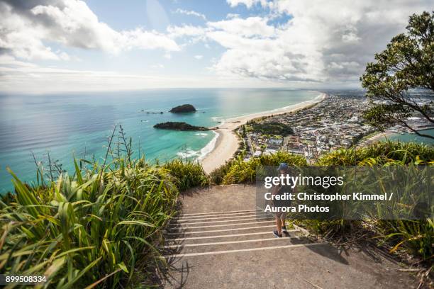 hiking mount maunganui, bay of plenty, new zealand - berg maunganui stockfoto's en -beelden