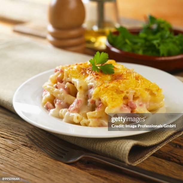 macaroni cheese with ham - macarrones fotografías e imágenes de stock