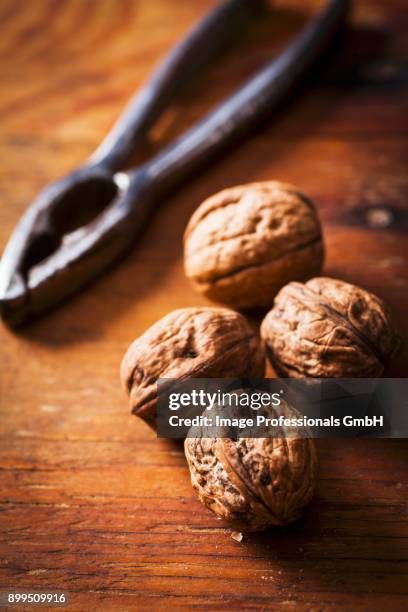 walnuts and a nutcracker on a wooden surface - wooden surface finishes foto e immagini stock