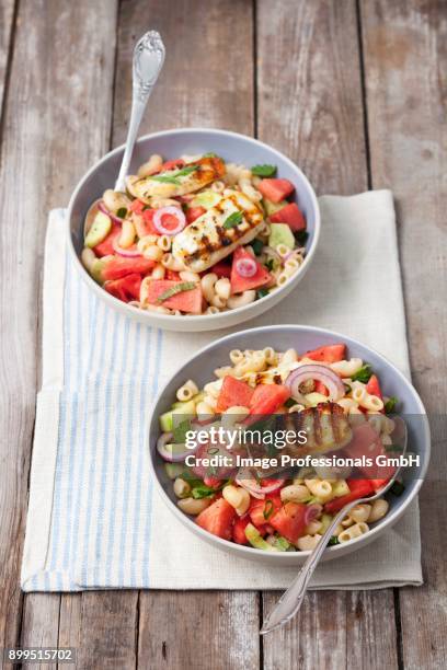 chifferi salad with watermelon, cucumber, mint and grilled halloumi - grilled halloumi stock pictures, royalty-free photos & images