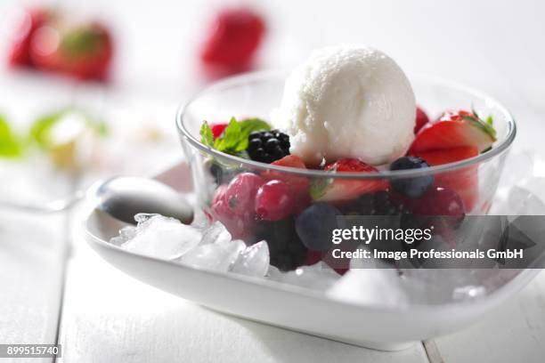 a scoop of lemon sorbet on mixed berries - lemon sorbet stock pictures, royalty-free photos & images