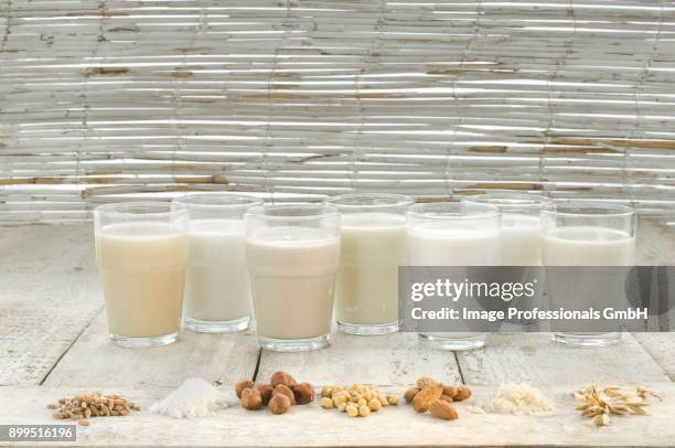 various types of lactose-free milks in glasses - almond milk stock-fotos und bilder