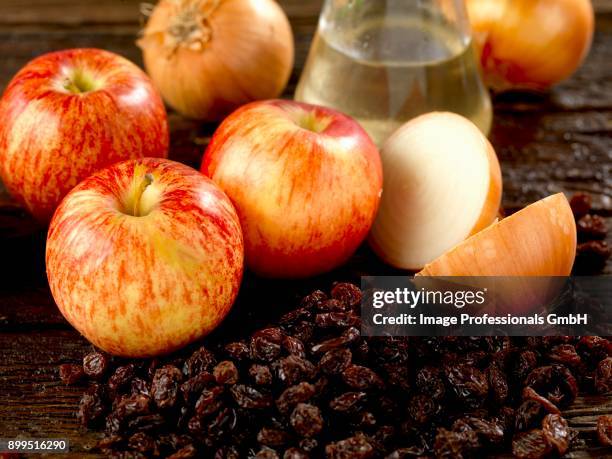 apples, sultanas, onion and white wine vinegar ingredients for chutney - white vinegar stock pictures, royalty-free photos & images
