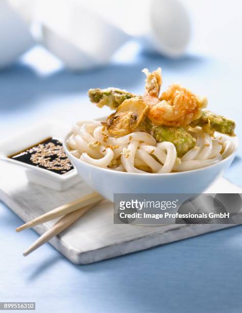 udon pasta with vegetable and shrimp tempuras - gambas photos et images de collection