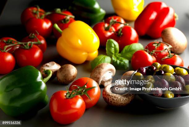 peppers, tomatoes, mushrooms, basil and olives - olive pimento stock pictures, royalty-free photos & images