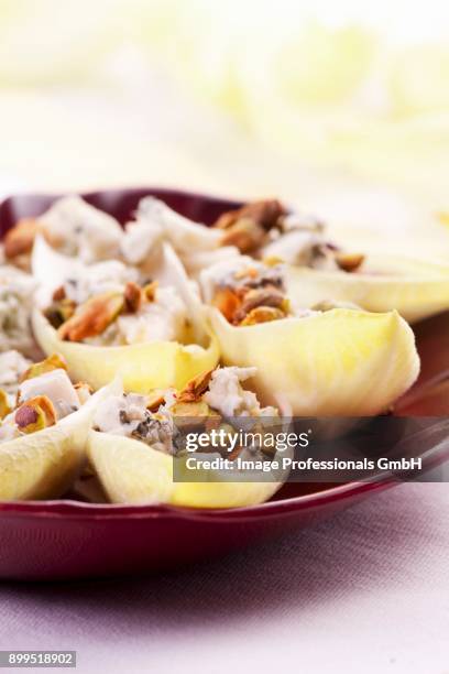 chicory boats filled with blue cheese and walnuts - witloof chicory stock pictures, royalty-free photos & images