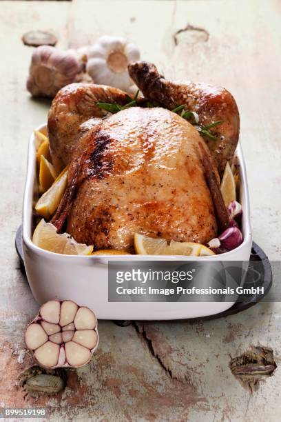 roast chicken with lemons, garlic and rosemary - half complete stock pictures, royalty-free photos & images