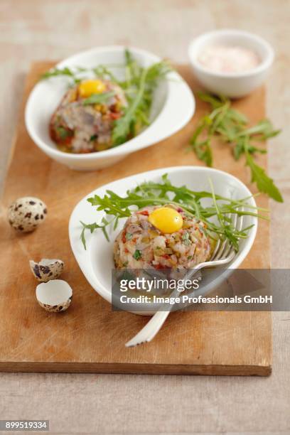 herring tartare with dried tomatoes, pickled cucumbers and quail egg - dried herring stock pictures, royalty-free photos & images