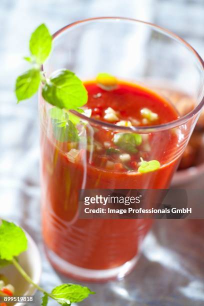 gazpacho (cold tomato soup, spain) with oregano - origan stock-fotos und bilder