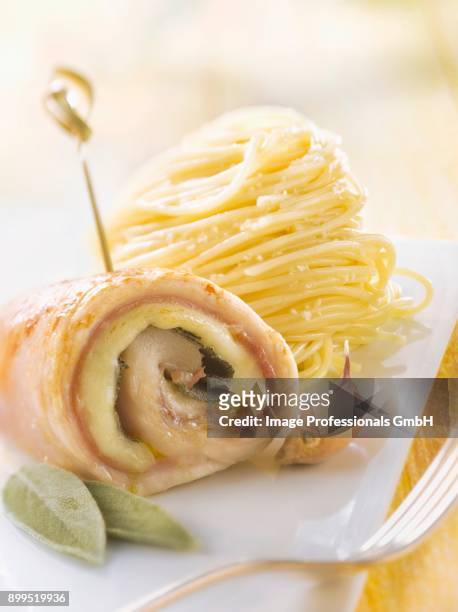 veal saltimbocca and spaghetti with pink garlic cream - charcuterie fromage stock pictures, royalty-free photos & images