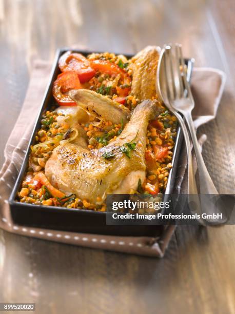 guinea-fowl with orange lentils - guinea fowl fotografías e imágenes de stock