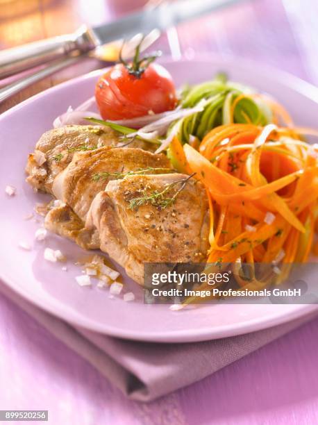 sauteed pieces of veal,carrot and zucchini lasagnes with thyme - zucchine stock pictures, royalty-free photos & images