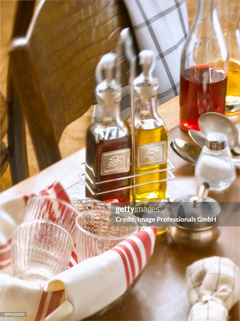 Bottle of oil and vinaigar on a table in a Bistrot