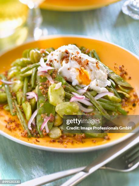 pan-fried fava beans,sugar peas and green beans with a poached egg and breadcrumbs - citrics stock pictures, royalty-free photos & images