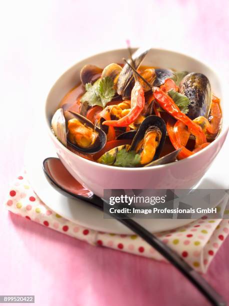 spicy broth with mussels and peppers - caldo de carne imagens e fotografias de stock