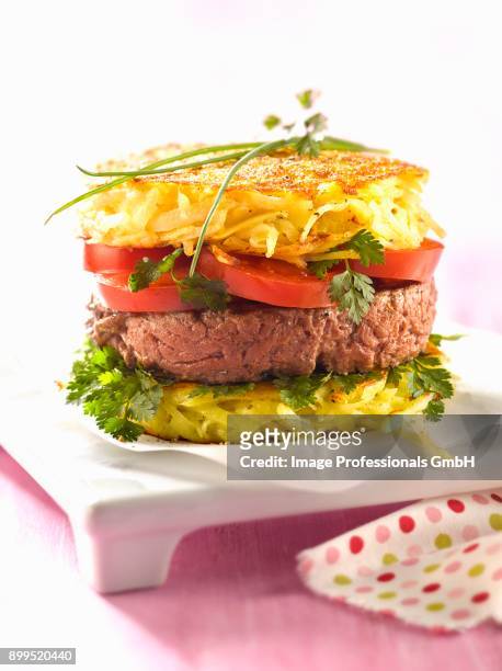 grated potato cake hamburger - potato cake stock pictures, royalty-free photos & images