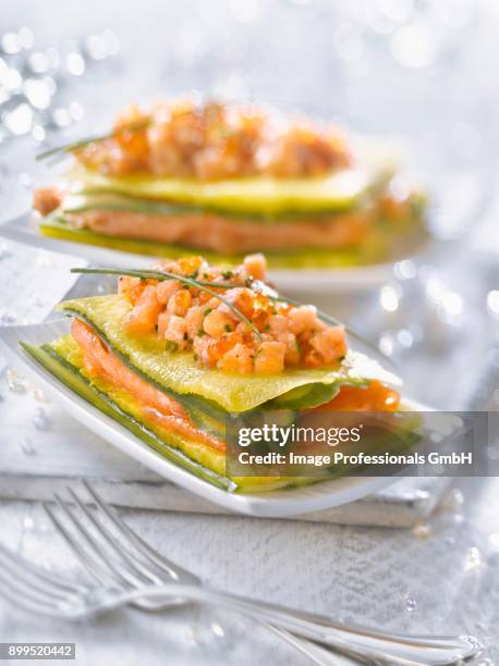 two salmon,pineapple and cucumber mille-feuille - tartar sauce stock pictures, royalty-free photos & images