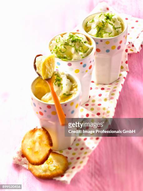 lemon curd with lime-flavored whipped cream,lemon rind tuiles - citrics stock pictures, royalty-free photos & images