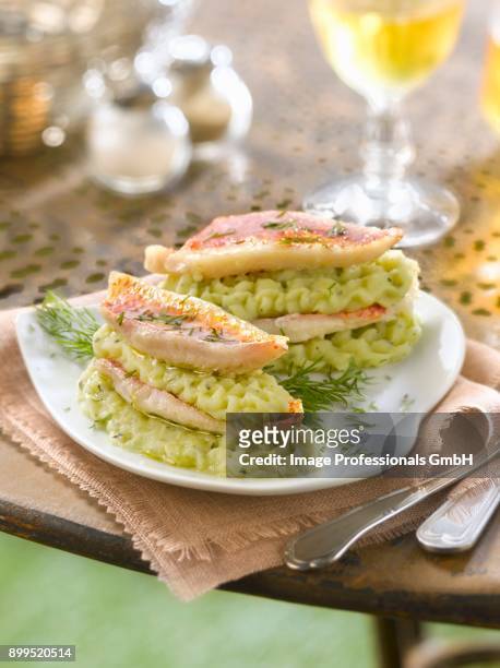 layered red mullet fillets and zucchini puree - zucchine stock pictures, royalty-free photos & images