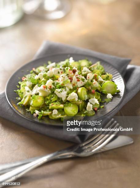 thinly sliced raw asparagus and feta salad with herb pesto - asparagus fern stock pictures, royalty-free photos & images